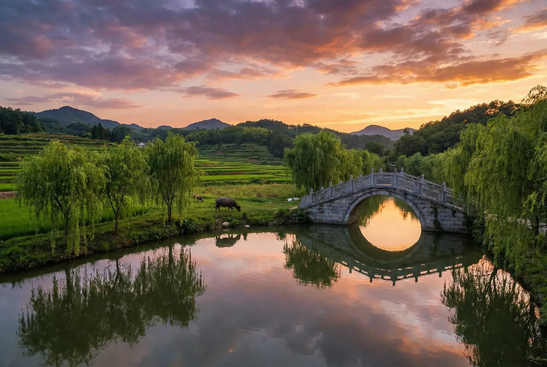 夕阳下的石拱桥与垂柳，水牛在河边吃草 - 麻豆最新免费版 乡村美景